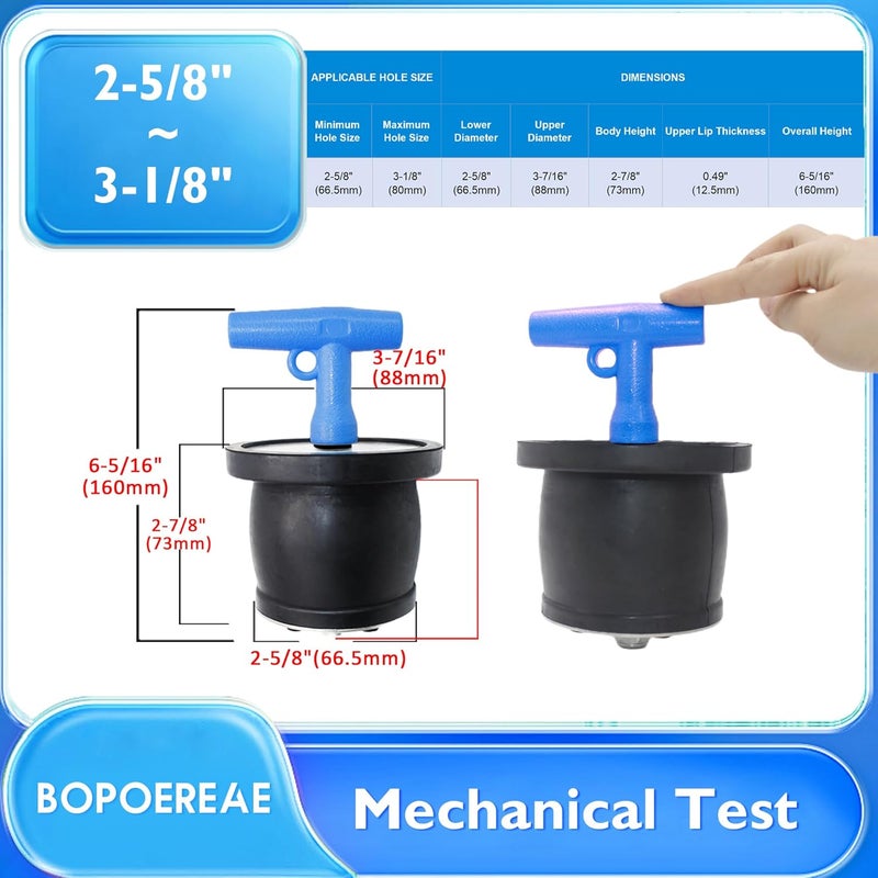 BOPOREAE Mechanical Test, Seal, Cleanout Pipe Plug, 2-5/8 to 3-1/8 in Expandable Rubber Plug Sewer Cleanout Cap Cover for DWV Testing, SSteel Boat Handle Drain Plug with Galvanized Screw and Nut - Image 2